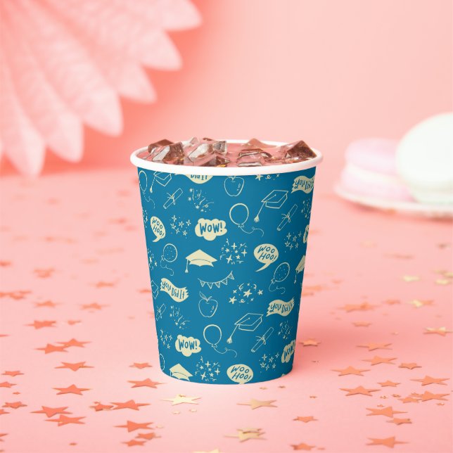 Grad Party Doodle Icon Pattern Blue Paper Cups (Insitu)