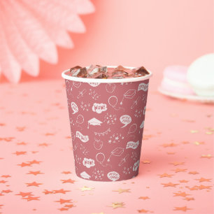 Grad Party Doodle Icon Pattern Blush Pink Paper Cups