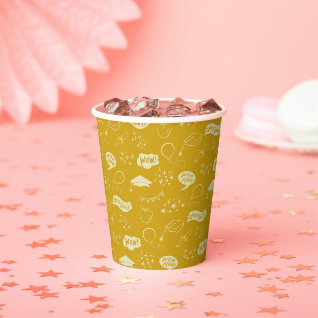 Grad Party Doodle Icon Pattern Yellow Paper Cups (Insitu)