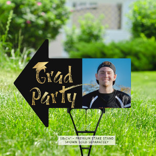 Grad Party Gold Cap Brushstroke Photo Black Custom Sign