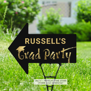 Grad Party Gold Cap Brushstroke Photo Name Black Sign