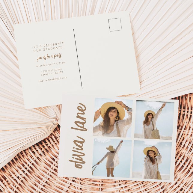 Grad Party Invitation Postcard with Four Photo (Creator Uploaded)