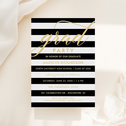 Grad Party Modern Black Stripes Gold Foil Invitation