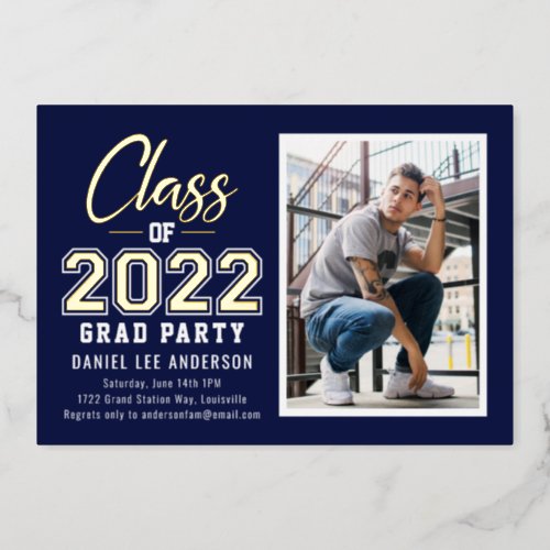 Grad Party  Navy Blue Photo Graduation Foil Invitation