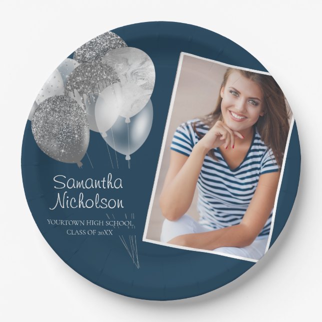 Grad Party Navy Blue Silver Glitter Balloons Photo Paper Plates (Front)