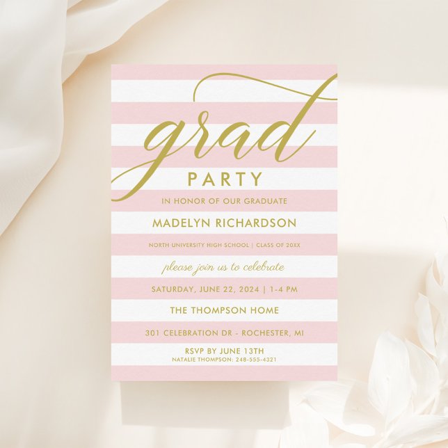 Grad Party Pink Stripes Gold Script Invitation (Creator Uploaded)