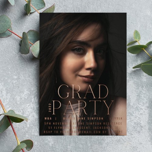 GRAD PARTY  Rose Gold Pressed Modern College Foil Invitation