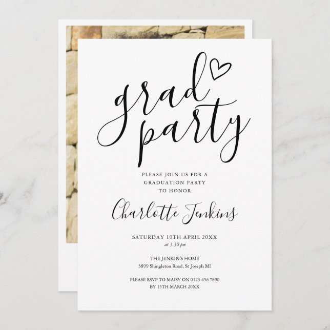 Grad Party Script Heart Photo Graduation Party Invitation (Front/Back)