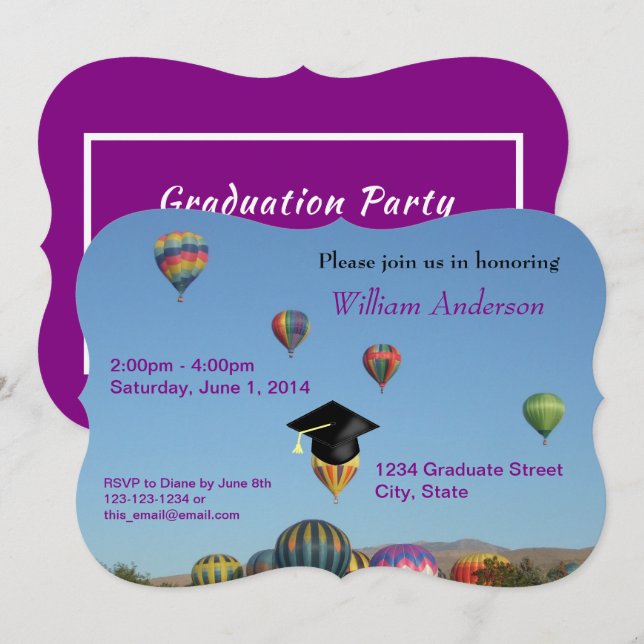 Grad Party Simple Purple Hot Air Balloon Invite (Front/Back)