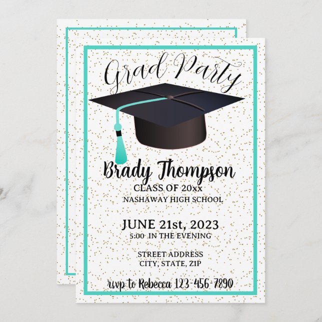 GRAD PARTY-Turquoise Blue Colors - 2 Photo   Invitation (Front/Back)