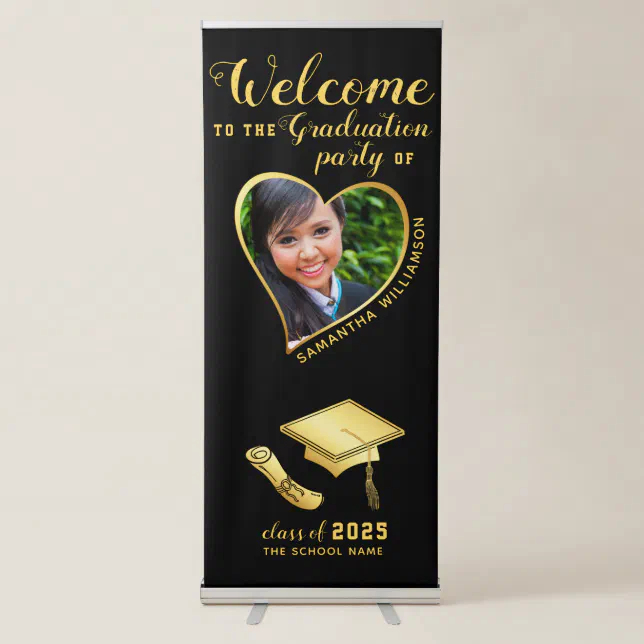 Grad Photo Black and Gold Graduation Welcome Retractable Banner | Zazzle