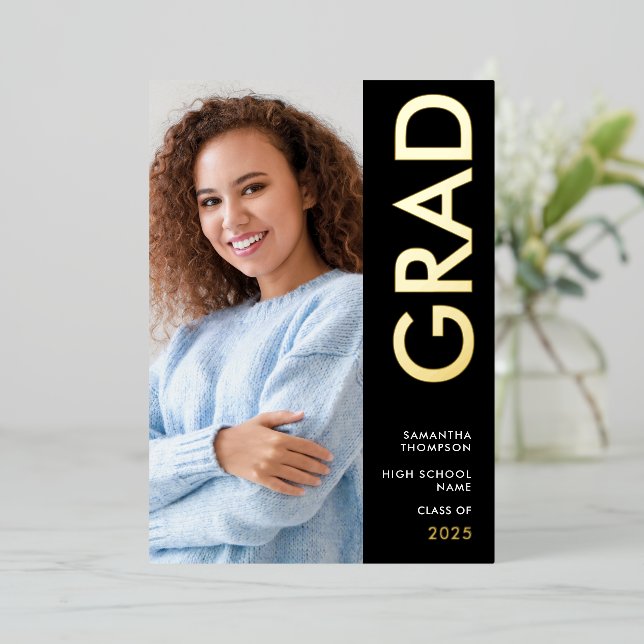 Grad Photo Black Gold Real Foil Announcement (Standing Front)