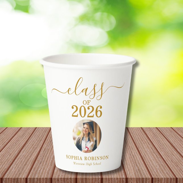 Grad Photo Class of 2026 Gold Script Graduation  Paper Cups (Creator Uploaded)