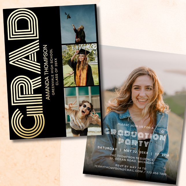 Grad Photo Collage Black Gold Graduation Foil Invitation (Creator Uploaded)