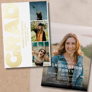 Grad Photo Collage White Gold Graduation Foil Invitation