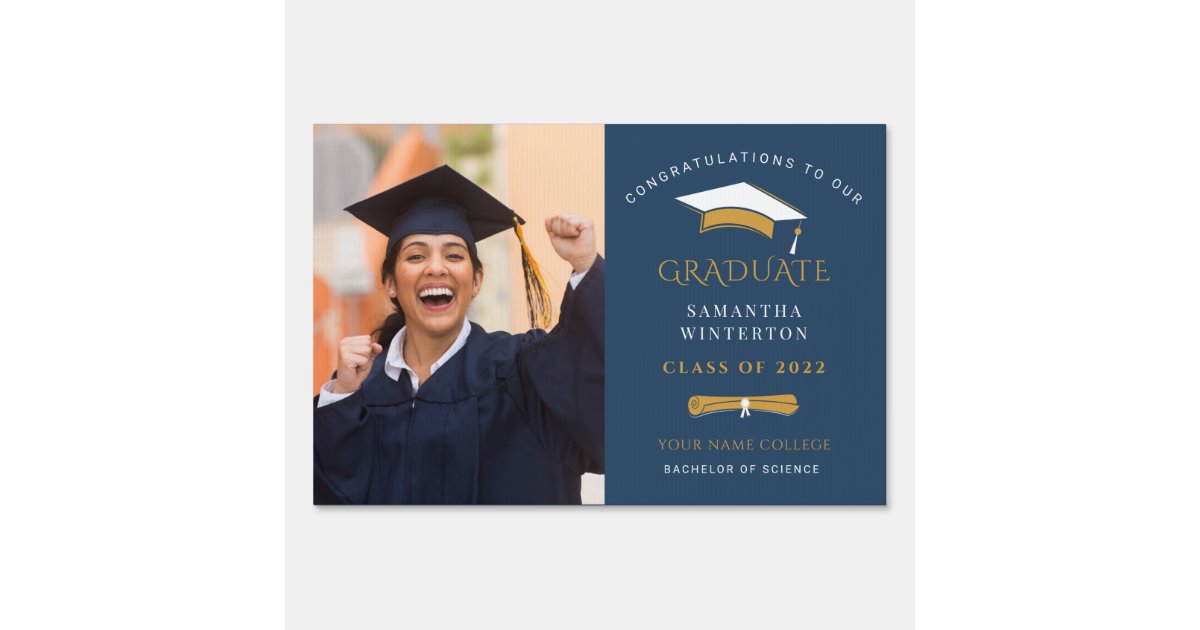 Grad Photo Congrats Gold and White Graduation Sign | Zazzle