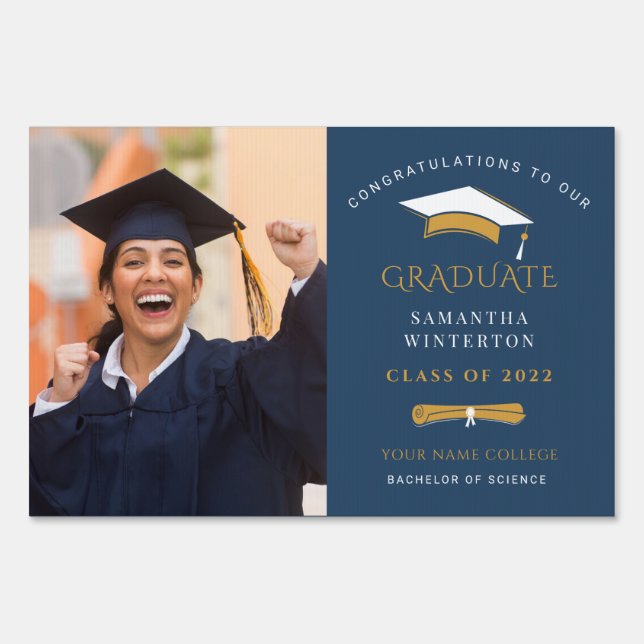 Grad Photo Congrats Gold and White Graduation Sign (Front)