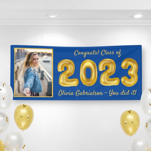 Grad Photo Gold Balloons 2024 Blue Graduation Bann Banner