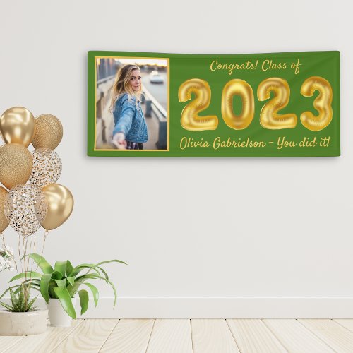 Grad Photo Gold Balloons 2024 Green Graduation Banner