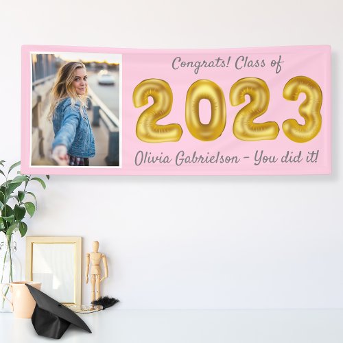 Grad Photo Gold Balloons 2024 Pink Graduation Bann Banner