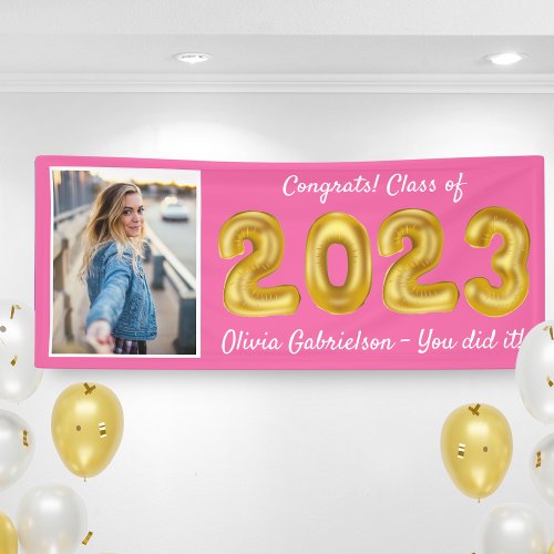 Grad Photo Gold Balloons 2024 Pink Graduation Banner