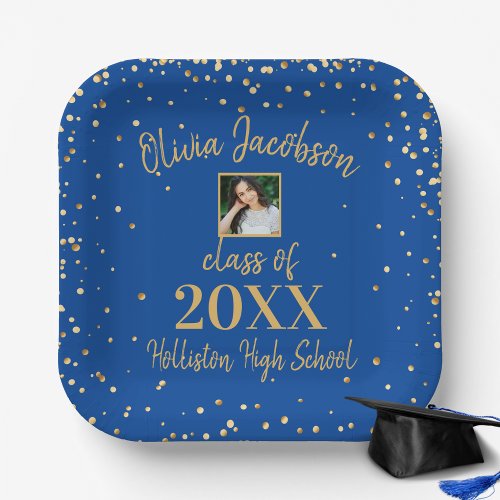 Grad Photo Gold Confetti Blue Graduation Party  Paper Plates