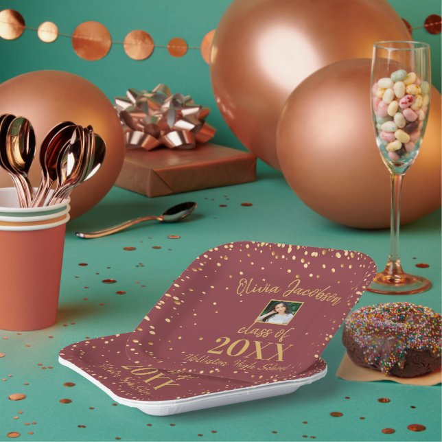 Grad Photo Gold Confetti Burgundy Graduation Party Paper Plates (Multi)