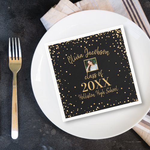 Grad Photo Gold Confetti Graduation Party Black Napkins