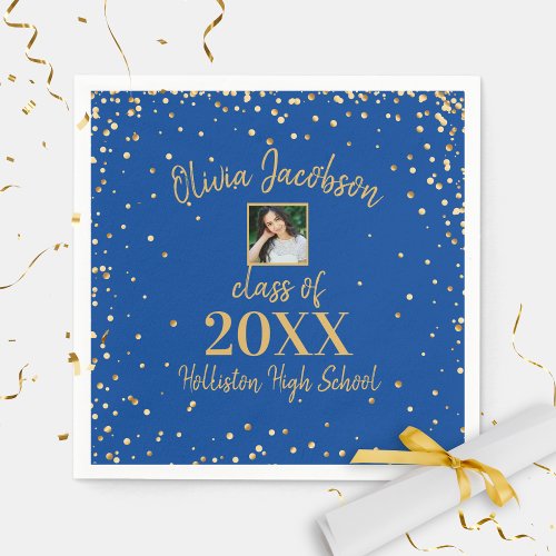 Grad Photo Gold Confetti Graduation Party Blue Napkins