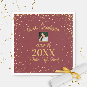 Grad Photo Gold Confetti Graduation Party Burgundy Napkins