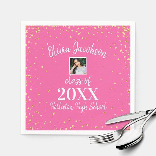 Grad Photo Gold Confetti Graduation Party Pink Napkins