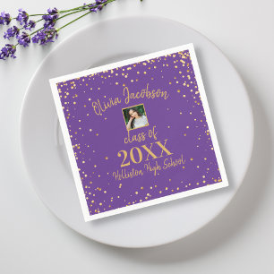 Grad Photo, Gold Confetti, Graduation Party Purple Napkins