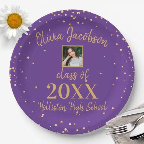 Grad Photo Gold Confetti Graduation Party Purple Paper Plates