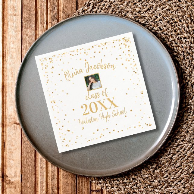 Grad Photo, Gold Confetti, Graduation Party White Napkins (Creator Uploaded)