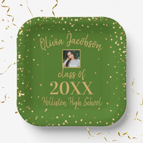 Grad Photo Gold Confetti Green Graduation Party Paper Plates