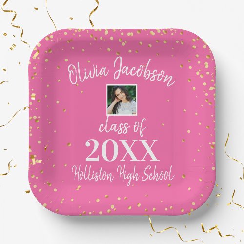 Grad Photo Gold Confetti Pink Graduation Party Paper Plates