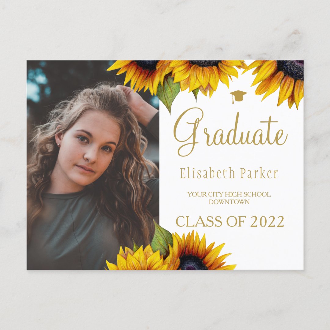 Grad photo gold sunflowers graduation announcement | Zazzle