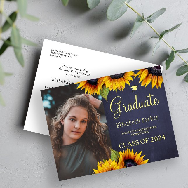 Grad photo gold sunflowers graduation announcement postcard (Creator Uploaded)