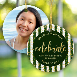 Grad Photo Green Gold Glitter Script Keepsake Chic Ceramic Ornament