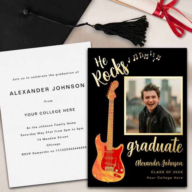 Grad Photo Music Graduation Party Black and Gold Foil Invitation (He rocks quote Cool music graduate photo black and gold foil Graduation party invitation.png)