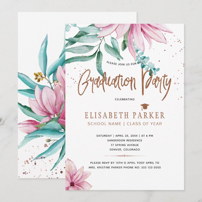 Grad pink floral copper glitter graduation party invitation (Front/Back)