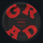 GRAD Scarlet Red on Black Custom Graduation Paper Plates<br><div class="desc">GRAD in bold scarlet red lettering curves around the edges of these black graduation party paper plates - available in 2 sizes. Congratulations above the name of your graduate and the Class of below. The perfect addition to your table decor for upcoming grad parties. **TIP: Click on CUSTOMIZE button; click...</div>