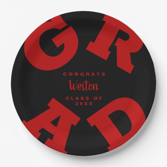 GRAD Scarlet Red on Black Custom Graduation Paper Plates (Front)