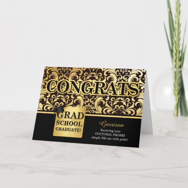 Grad School Graduate Custom Name Faux Gold Foil Card (Front)
