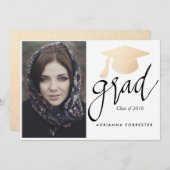 Grad Script Rose Gold Foil Graduation Hat Photo Invitation (Front/Back)