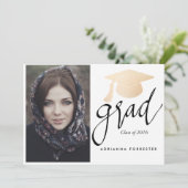 Grad Script Rose Gold Foil Graduation Hat Photo Invitation (Standing Front)