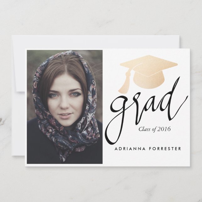 Grad Script Rose Gold Foil Graduation Hat Photo Invitation (Front)