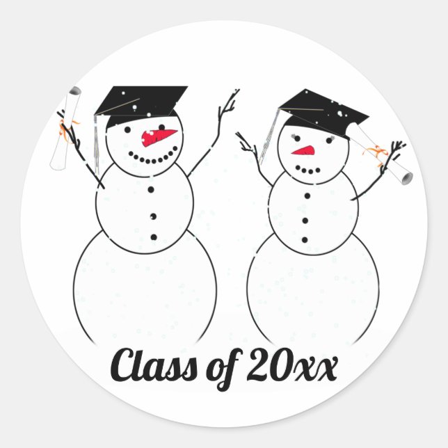 Grad Snowmen Graduation Classic Round Sticker (Front)