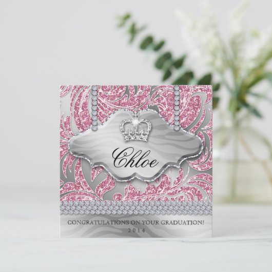Grad Sweet 16 Party Pink Crown Glitter Leaves (Standing Front)