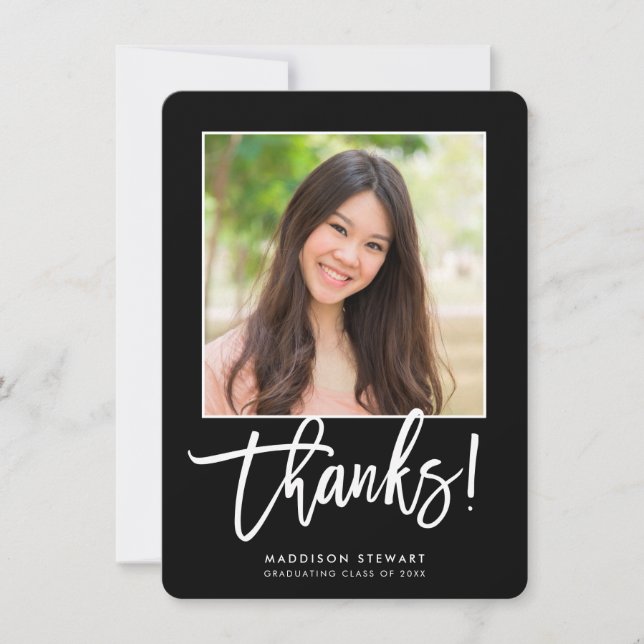 GRAD THANKS chic photo simple calligraphy black Thank You Card (Front)